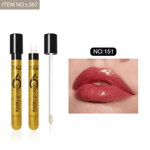 Menow Splendid Honey Lip Gloss Gold (Shade-151) in a clear tube with black cap, standing upright.