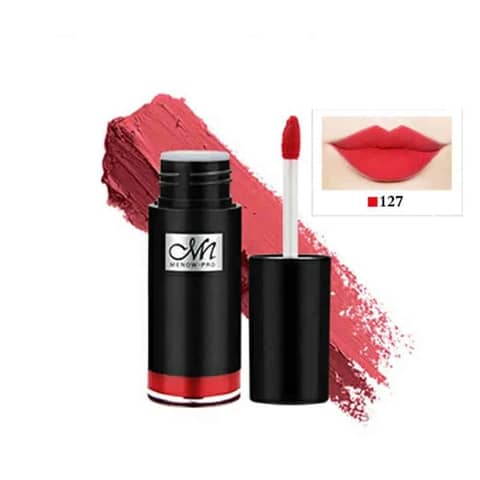 Two Menow Velvet Lipstick Waterproof Lipgloss 27 tubes, black with gold branding, showing a deep nude shade.