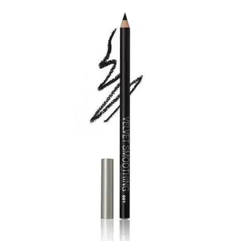 Menow Velvet Smoothing Eyeliner Pencil Kajal in black, presented horizontally with cap and tip visible.