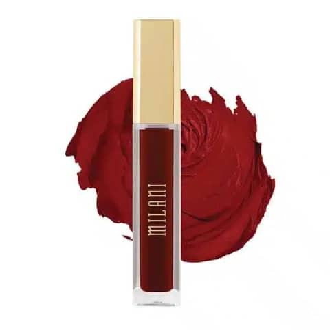 Milani Amore Matte Lipstick Devotion with clear base showing deep berry liquid and black cap.