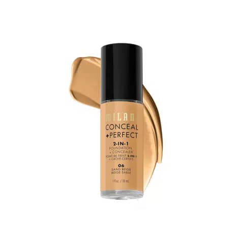 Milani Conceal + Perfect 2-in-1 foundation, 06 Sand Beige, with pump applicator, standing upright.