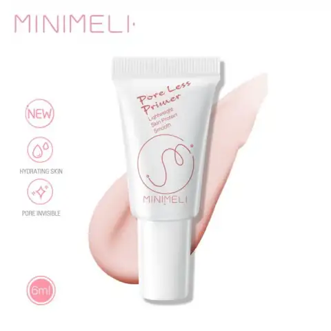 Minimeli Pore Invisible Primer 6ml white tube with pink cap, clearly displayed on a light surface.
