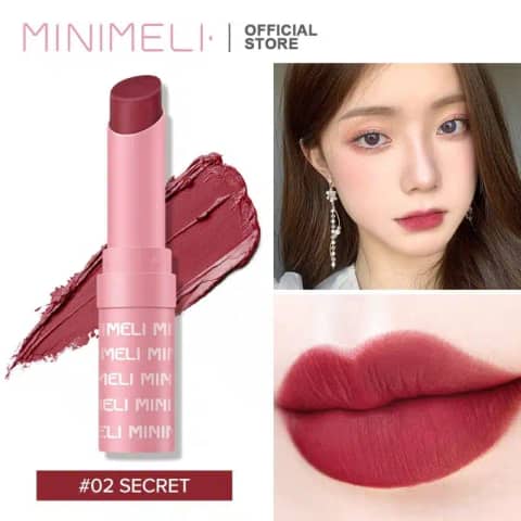Minimeli Waterproof Matte Lipstick 02 in elegant black packaging, standing upright on a reflective surface.