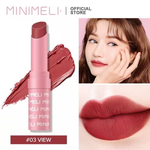 Minimeli waterproof matte lipstick in a sleek black tube with white logo, standing upright.