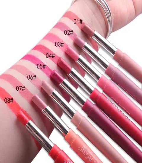 Miss Rose 2 in 1 velvet matte lipstick tubes, one open displaying bullet and liquid applicator.