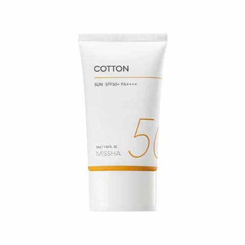 Missha Cotton Sunscreen SPF50+ 50ml tube, white with green branding, standing on a bright surface.