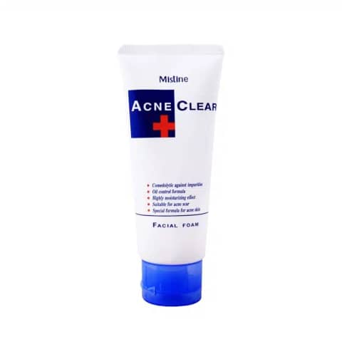 Mistine Acne Clear Facial Foam 85g in white tube with a vibrant green flip-top cap.