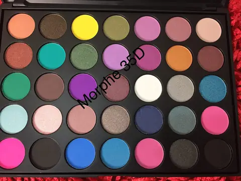 Open Morphe 35D eyeshadow palette showcasing 35 shimmer and matte nature-inspired warm shades.
