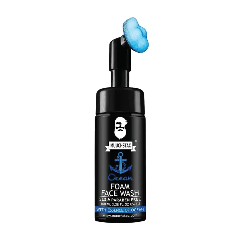 Muuchstac Ocean Foam Face Wash for Men 100ml blue bottle with pump dispenser.