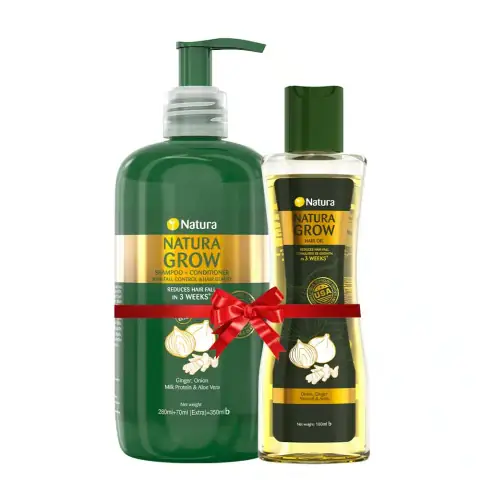 Natura Grow 450ml shampoo (green) and hair oil (white) combo pack, front view.