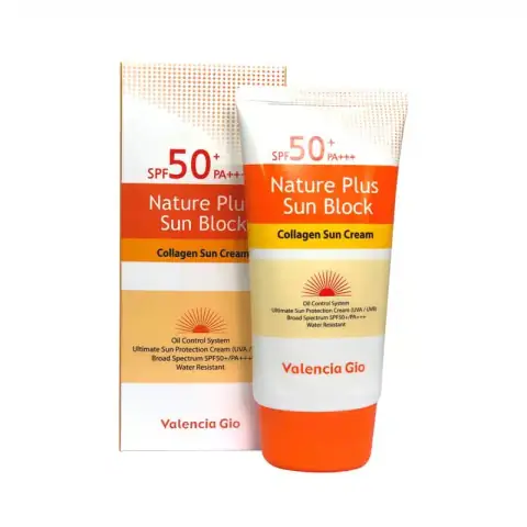 Valencia Gio Nature Plus Sun Block SPF50+PA+++ white tube with green accents, standing upright.