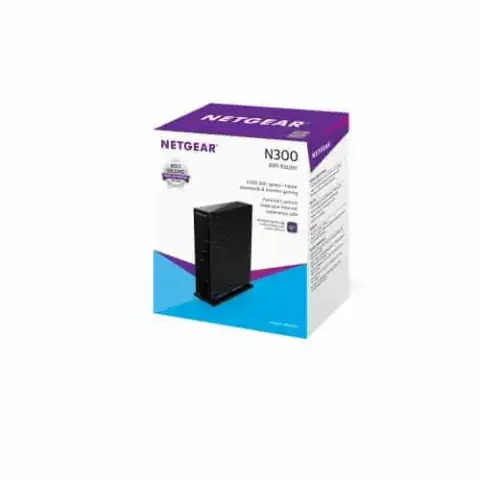 NETGEAR WIRELESS N300 black Wi-Fi router, featuring two extended antennas and front status lights.