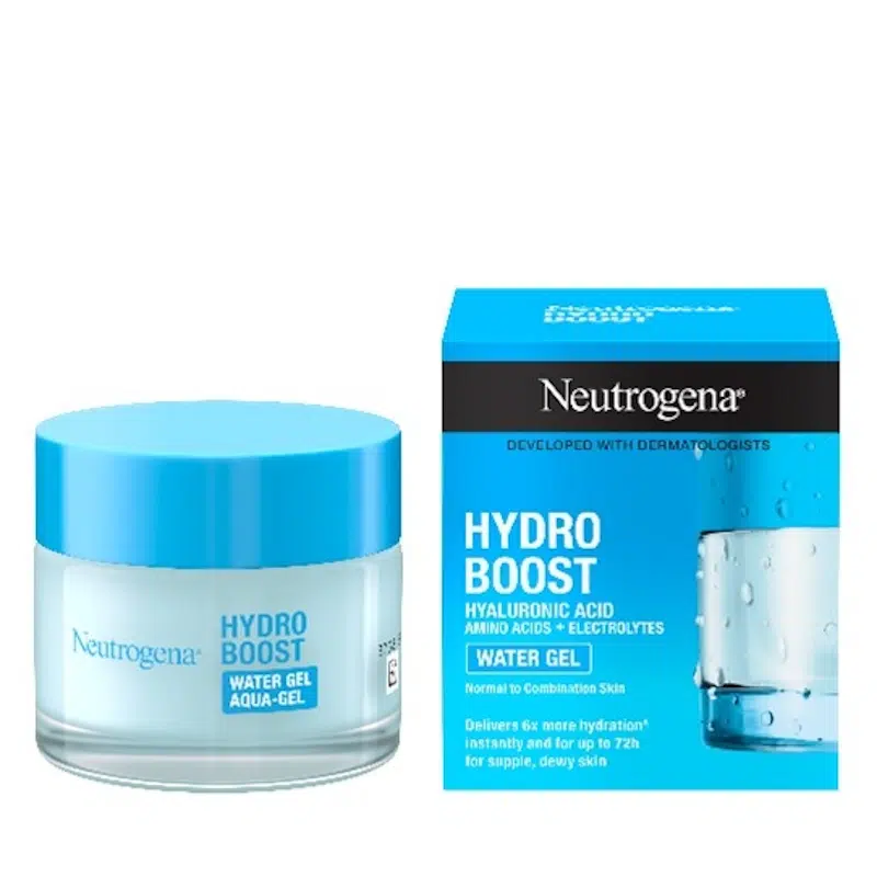 Neutrogena Hydro Boost Water Gel Moisturiser 50ml jar with blue label and silver cap, front view.