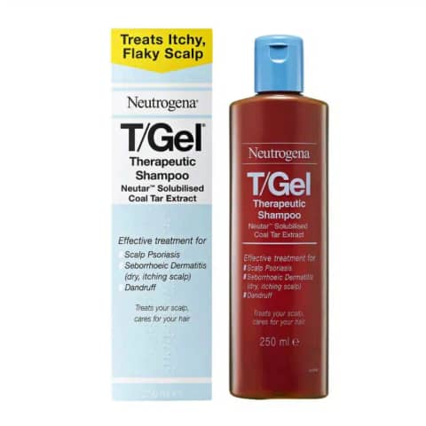 Neutrogena T/Gel Therapeutic Shampoo, 250ml white bottle with a blue flip-top cap.