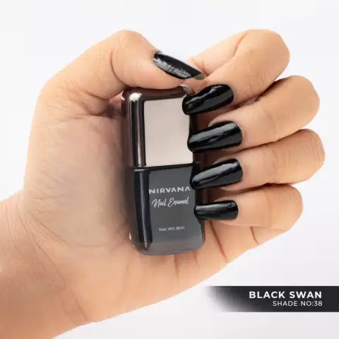 Nirvana Black Swan 38 nail enamel 8ml bottle, sleek design, dark glossy finish on a reflective surface.