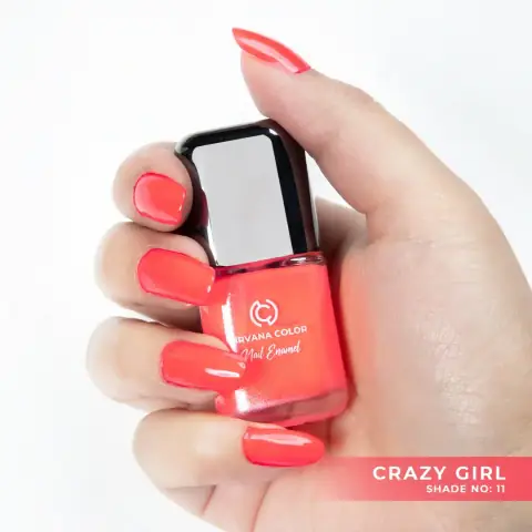 Nirvana Color Nail Enamel Crazy Girl 11 vibrant fuchsia pink polish bottle, clear glass, black cap.