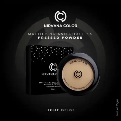 Nirvana Color Light Beige mattifying compact powder, closed, showcasing sleek black packaging on white surface.