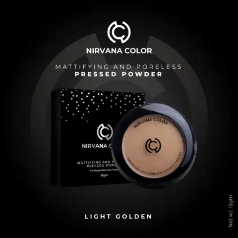 Nirvana Color Light Golden mattifying compact powder open, showcasing the pressed powder and applicator sponge.