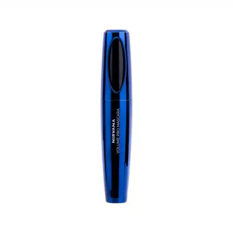Nirvana Color Volume Pro Mascara, sleek black 12ml tube with rose gold cap, wand visible.