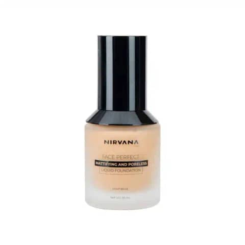 Nirvana Liquid Foundation Light Beige, transparent glass bottle with black pump and clear cap.