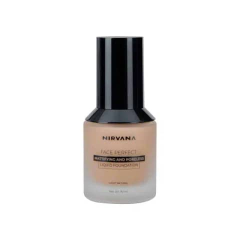 Nirvana Liquid Foundation Perfect Coverage 30ml in Light Natural, elegant glass bottle with gold cap.