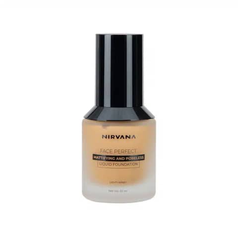 Nirvana Liquid Foundation Perfect Coverage Light Honey in a clear glass bottle with pump.