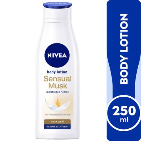 White NIVEA Body Lotion Sensual Musk 250ml bottle with dark blue cap, angled front view.