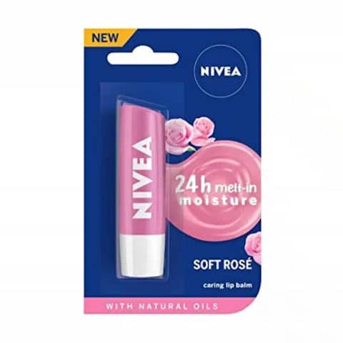 Nivea Soft Rose Caring Lip Balm stick, 4.80g, showcasing its elegant pink packaging and clear brand logo.