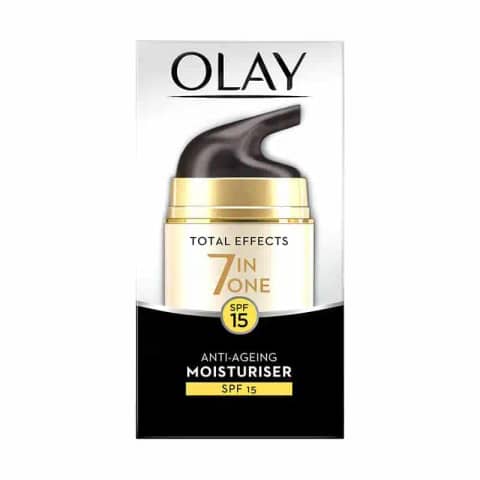 Olay Total Effects 7-in-1 anti-ageing moisturiser in a glossy red jar, silver lid, clear label.