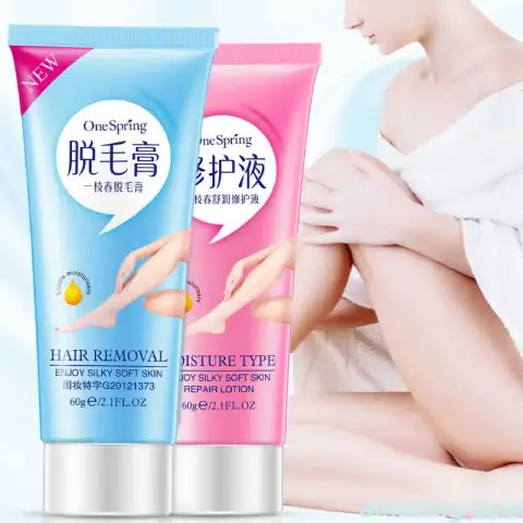 One Spring Hair Removal and Moisturizing Cream in a white tube with pink-purple floral design.