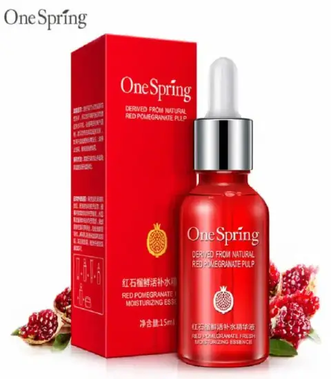 One Spring Red Pomegranate 15ml serum bottle, dropper, and a clear moisturizing essence drop.