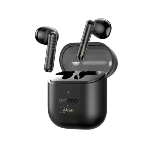 oraimo FreePods Neo x Tahsan black true wireless earbuds clearly displayed in open charging case.