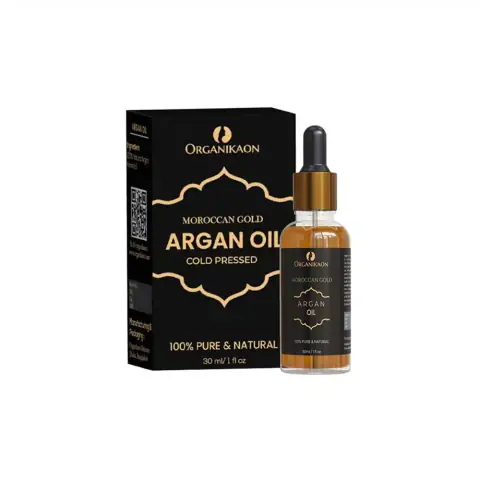 Organikaon Argan Oil 30ml amber glass bottle with dropper, 100% natural cold pressed, front view.
