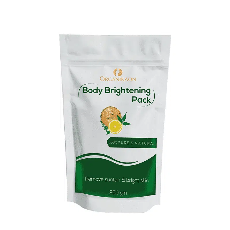 Organikaon Body Brightening Pack 250gm in a white jar with green label, front view.