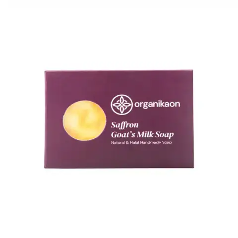 Organikaon Saffron Goat Milk Soap 100gm box, revealing the orange saffron-infused soap bar.