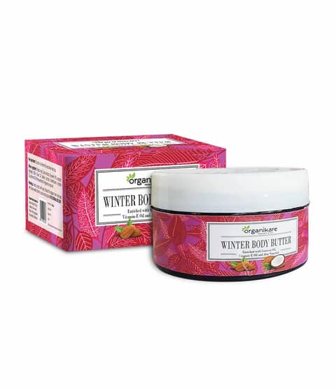 Organikare Winter Body Butter in its white jar with a golden lid, perfectly centered.