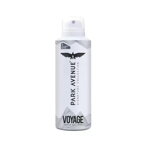 Park Avenue Signature Collection Voyage black body spray bottle with silver cap, standing upright.