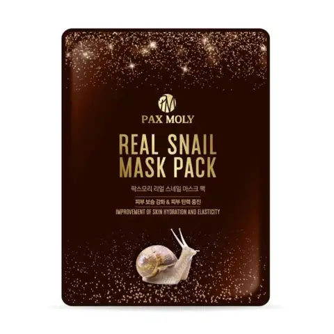 Pax Moly Snail Sheet Mask sachet, white and green packaging with gold details, standing upright.