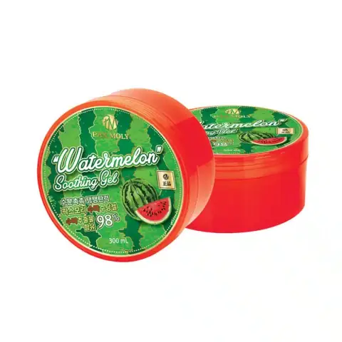 Pax Moly Watermelon Soothing Gel in a transparent jar with red lid, showcasing the pink gel.