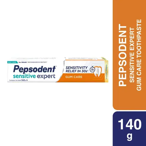 Pepsodent Sensitive Expert Gum Care 140g toothpaste tube and carton box, white-blue packaging.