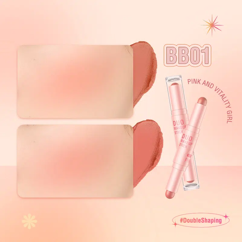 Pink Flash double-head blusher, highlighter, and contour stick shown vertically with one end open revealing pink cream.