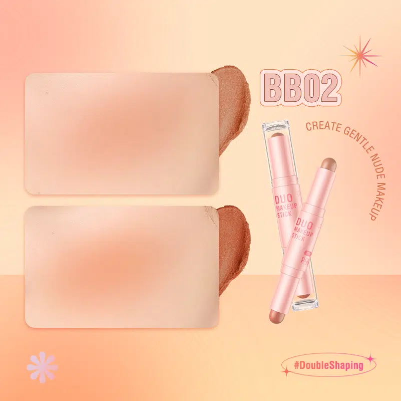 Pink Flash double-head blusher, highlighter, and contour stick F21-BB02 in sleek rose gold packaging, closed.