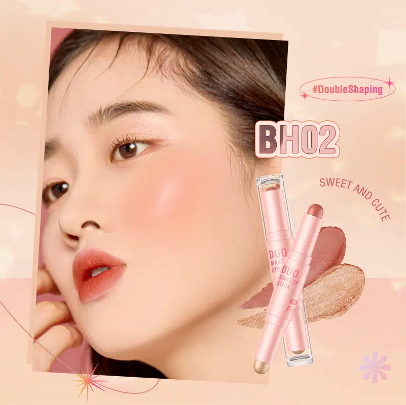 Pink Flash double-head blusher, highlighter, contour stick F21-BH02 in black packaging.
