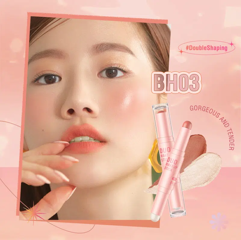Pink Flash Double Head Blusher, Highlighter, and Contour Stick in F21-BH03, standing upright.