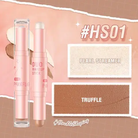 Pink Flash Double Head Blusher, Highlighter, Contour Stick F21 in sleek black packaging.