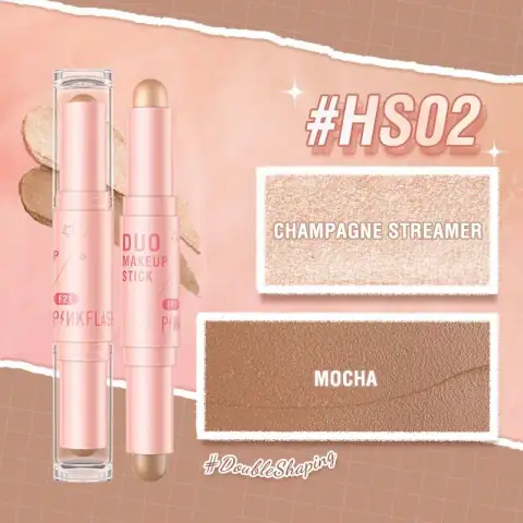 Pink Flash double head blusher, highlighter, contour stick with transparent caps, showing pink and shimmery ends.