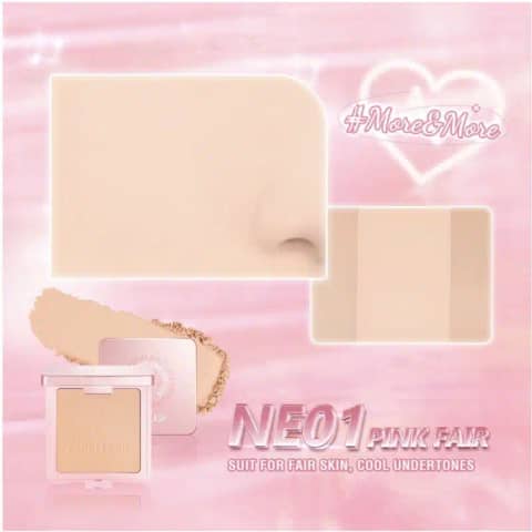 Pink Flash Duo Effect Pressed Powder compact open, revealing pink fair shade, mirror, and applicator.