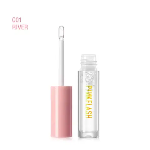 Pink Flash Lip Gloss L02 C01 River, a shimmery rose-gold shade in clear tube packaging.