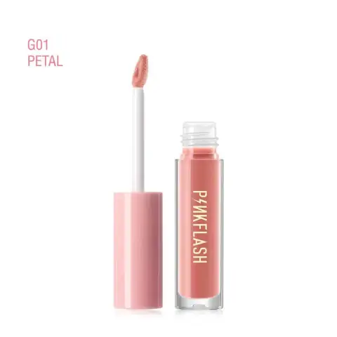 Pink Flash Lip Gloss L02 G01 Petal in clear tube, displaying the sheer pink shade.