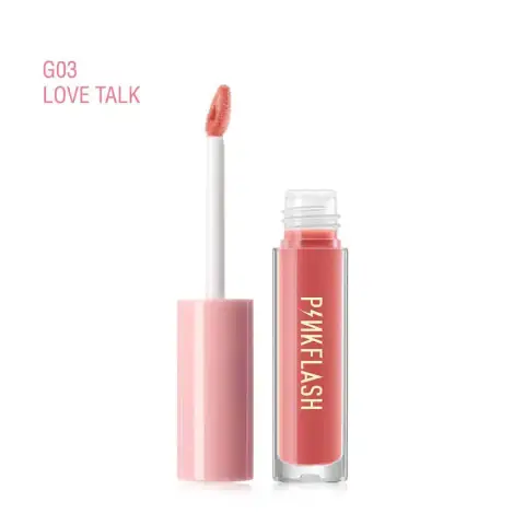 Pink Flash Lip Gloss L02-G03 Love Talk, clear tube with applicator extended, showcasing shiny texture.